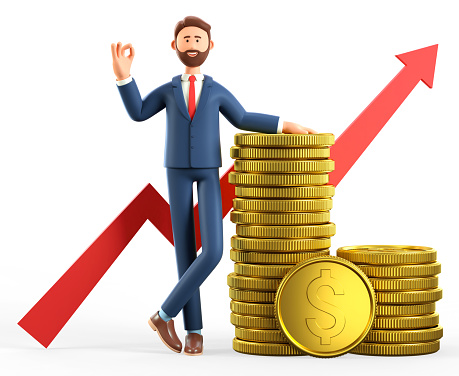 3D illustration of happy man leaning on a stack of gold coins and showing ok gesture. Cartoon standing businessman with okay sign, successful investor. Financial consulting, savings, infographic.