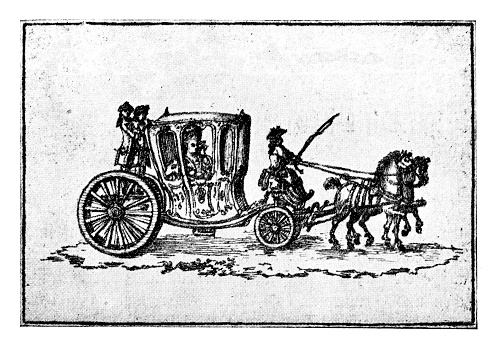 Illustration of a stagecoach is a type of covered wagon for passengers and goods