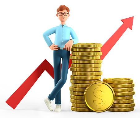 3D illustration of smiling man leaning on a huge stack of gold coins and rising arrow chart. Cartoon standing businessman, successful investor, entrepreneur. Financial consulting, savings concept.