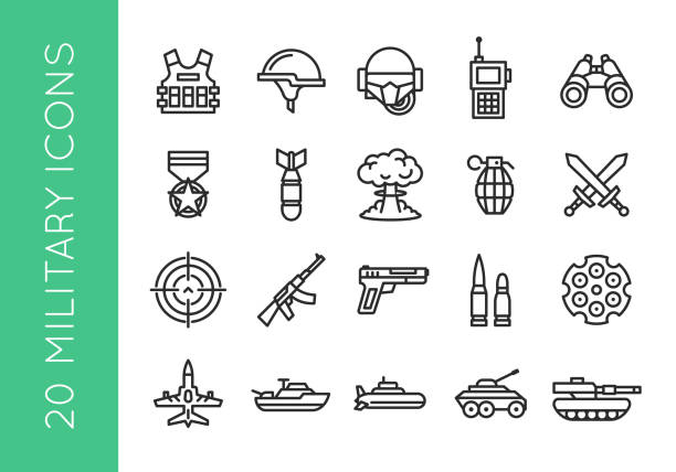 ilustraciones, imágenes clip art, dibujos animados e iconos de stock de militares, ejército, iconos de guerra. conjunto de 20 iconos mínimos de moda militar. arma, bomba, arma, icono de vehículos militares. iconos para página web, aplicación móvil. ilustración vectorial - computer icon symbol knife terrorism