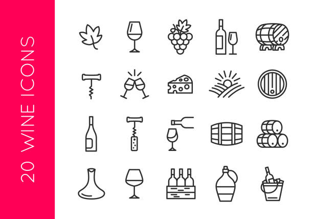 Wine icons. Set of 20 wine trendy minimal icons. Grape, Glass, Barrel, Cheese, Vineyard icon. Design signs for restaurant menu, web page, mobile app, packaging design. Vector illustration Vector illustration drinks utensil stock illustrations