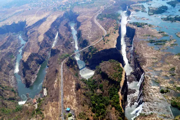 Victoria Falls, the stunning waterfall on the Zambezi River on the zambian-Zimbabwe border, are spectacular from the air.