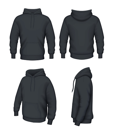 Black hoodie with pockets set. Vector illustration.