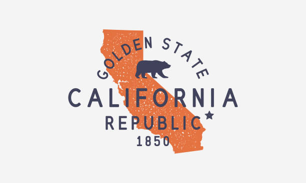 California State logo, emblem, label. The Golden State. Print for T-shirt, typography. USA California vintage design. California map. San Francisco, San Diego, Los Angeles emblem. Vector illustration Vector illustration california stock illustrations