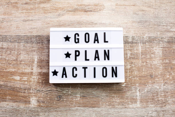 istock Goal, Plan, Action text on light box on wooden table. 1306715790