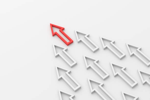 istock Leadership concept, red leader arrow leading white arrows, on white background 1306716741