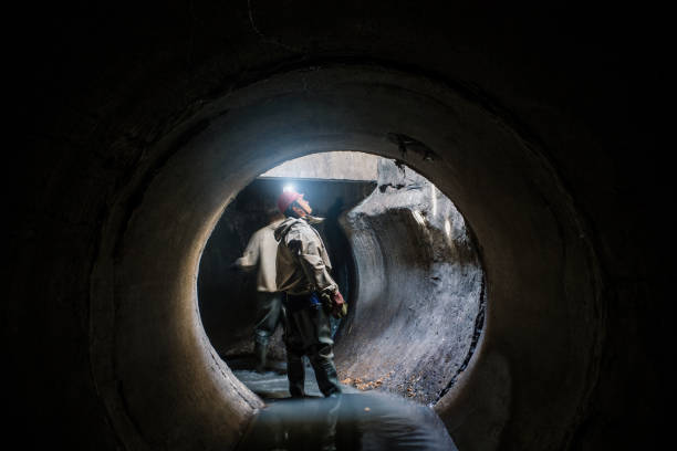 pracownik tunelu kanalizacyjnego bada uszkodzenia kanalizacji i wycieki ścieków - inner tube zdjęcia i obrazy z banku zdjęć