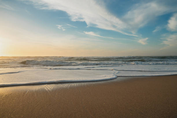 istock Empty sand beach at sunset and cloudy sky. Relaxation, calm, tranquility, vacation concept, copy space 1306723923