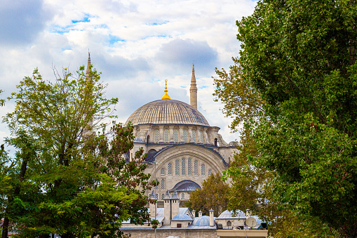 Minarets and the dome of the Nuruosmaniye Mosque in Istanbul, Turkey