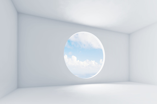 Abstract empty white interior, room, blue cloudy sky is behind round window. Background, 3d rendering illustration