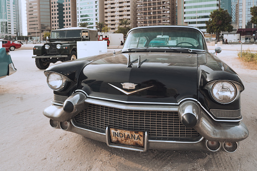Classic Cadillac automobile displayed in Abu Dhabi, UAE |  American sports car | vintage style and design\n- Abu Dhabi, UAE January 07, 2021