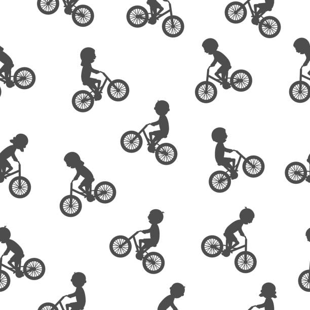 Cute happy children riding bicycles silhouettes. Cute happy children riding bicycles silhouettes. Seamless pattern. Different kids ride bikes. Healthy lifestyle in black color. Sport vehicle competition concept. Vector illustration isolated on white extreem weer stock illustrations