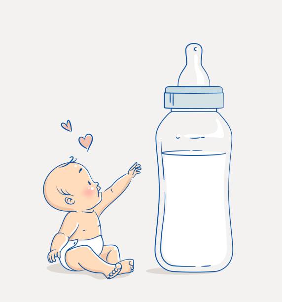 ilustraciones, imágenes clip art, dibujos animados e iconos de stock de lindo niño sentado en el suelo y extendiendo la mano a una enorme botella de leche. - babies only illustrations