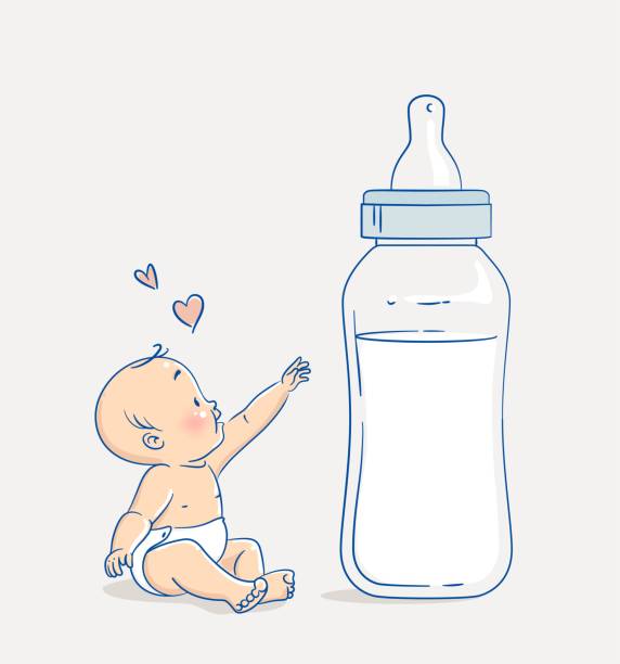 Cute baby boy sitting on floor and reaching out to a huge bottle of milk. Cute baby boy sitting on floor and reaching out to a huge bottle of milk. Cartoon vector illustration baby bottle stock illustrations