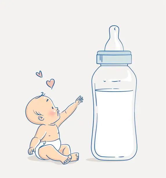 Vector illustration of Cute baby boy sitting on floor and reaching out to a huge bottle of milk.