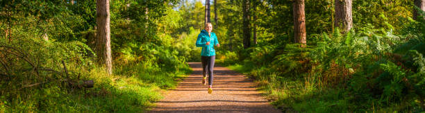 istock Young woman trail running though idyllic green summer forest panorama 1306729709