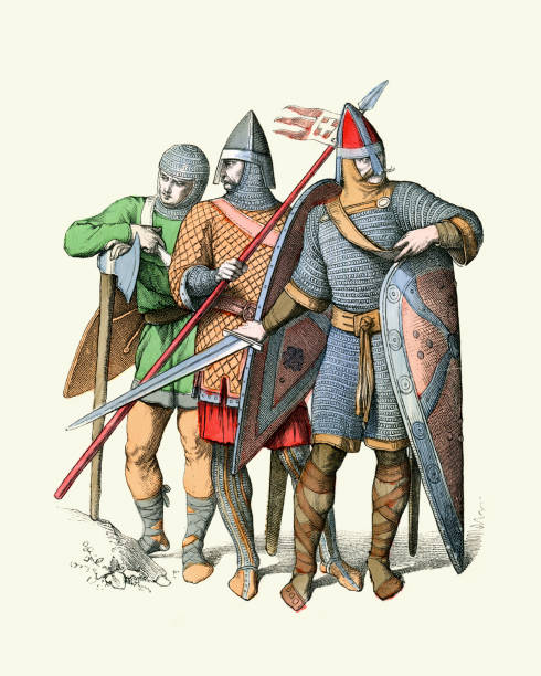 illustrazioni stock, clip art, cartoni animati e icone di tendenza di cavalieri della prima crociata che indossano un'armatura a catena, uno scudo per aquiloni. ascia, spada, lancia - crociate