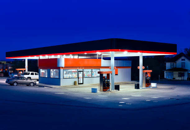 Generic Gasoline Station and Convenience Store at Dusk"r"n stock photo