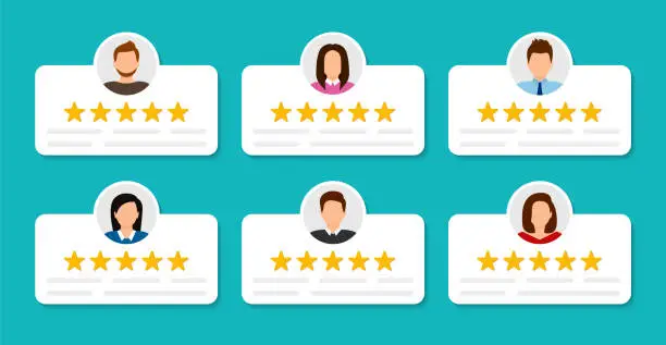 Vector illustration of User reviews set. Customer feedback. Review of rated bubble speeches with stars. Notification message. Feedback rating. Vector illustration.