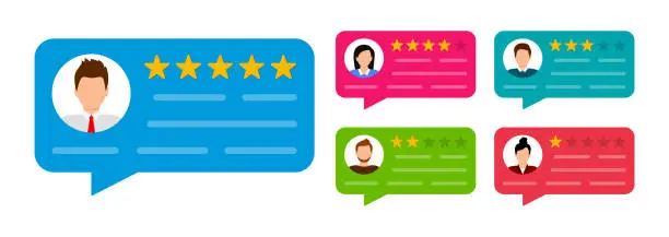 Vector illustration of User reviews set. Customer feedback. Review of rated bubble speeches with stars. Notification message. Feedback rating. Vector illustration.