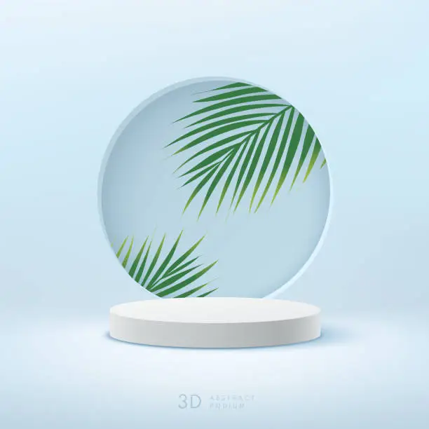 Vector illustration of Abstract vector rendering 3d shape for products display presentation. Modern white cylinder pedestal podium with light blue empty room and green coconut leaf background. Minimal scene studio room.