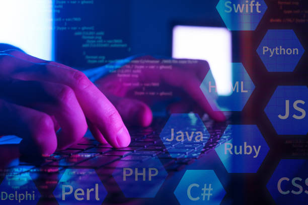 programming languages, software development concept, programmer coding on laptop stock photo