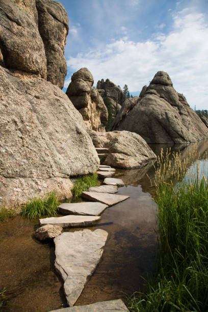 stepping stones em silver lake perto do parque estadual custer em dakota do sul - black hills - fotografias e filmes do acervo