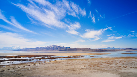 A winter view of Antelope Island in the Great Salt Lake, Utah.