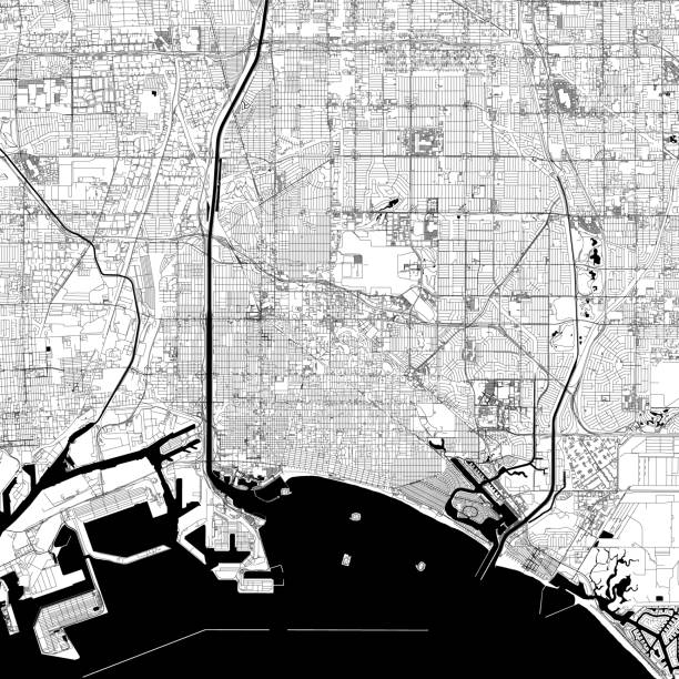 Long Beach, California USA Vector Map Topographic / Road map of Long Beach, California CA. USA United States of America. Original map data is open data via © OpenStreetMap contributors. All maps are layered and easy to edit. Roads are editable stroke. downtown long beach stock illustrations