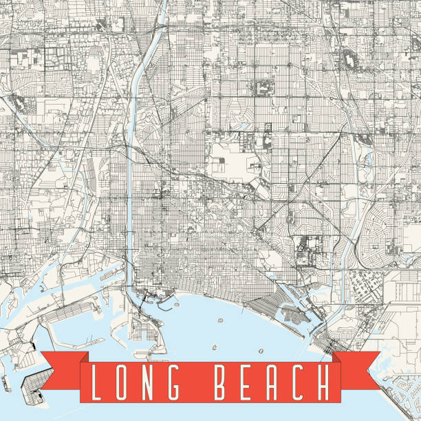 Long Beach, California USA Vector Map Topographic / Road map of Long Beach, California CA. USA United States of America. Original map data is open data via © OpenStreetMap contributors. All maps are layered and easy to edit. Roads are editable stroke. downtown long beach stock illustrations