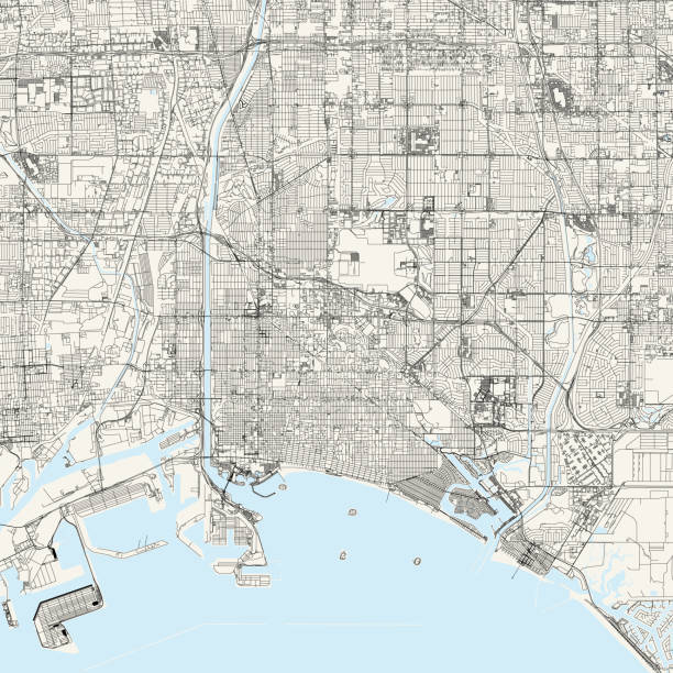 Long Beach, California USA Vector Map Topographic / Road map of Long Beach, California CA. USA United States of America. Original map data is open data via © OpenStreetMap contributors. All maps are layered and easy to edit. Roads are editable stroke. downtown long beach stock illustrations