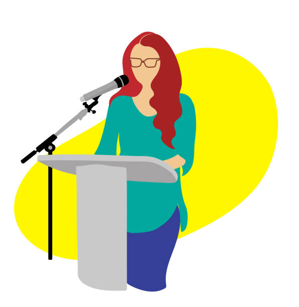 Conference Speaker With Mic A woman is talking at a lectern into a microphone.  She is wearing eyeglasses.  Flat design illustration in vivid colors. seminar classroom lecture hall university stock illustrations