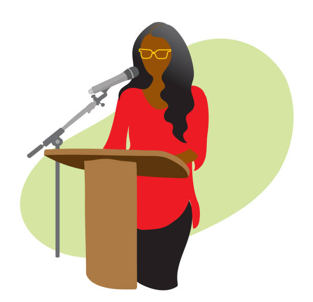 Conference Speaker With Mic Green A woman is talking at a lectern into a microphone.  She is wearing eyeglasses.  Flat design illustration in vivid colors. public speaker illustrations stock illustrations