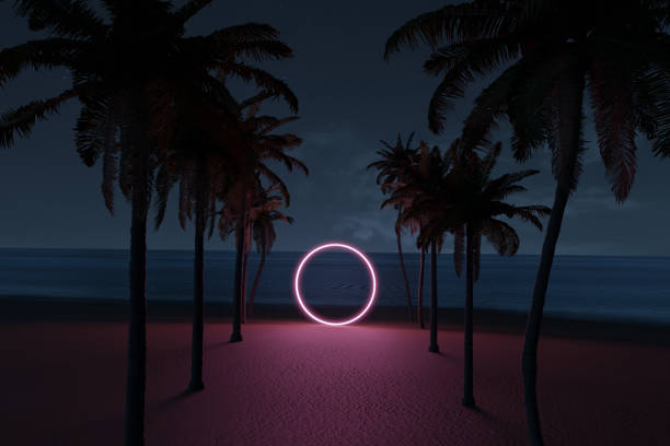 istock 3d rendering of lighten circle shape on beach environment and palm avenue 1306755878