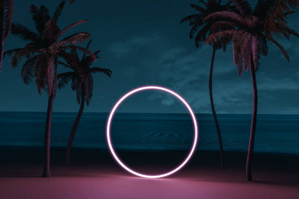 3d rendering of lighten circle shape on beach environment and palm avenue 3d rendering of lighten circle shape on beach environment and palm avenue star sky night island stock pictures, royalty-free photos & images