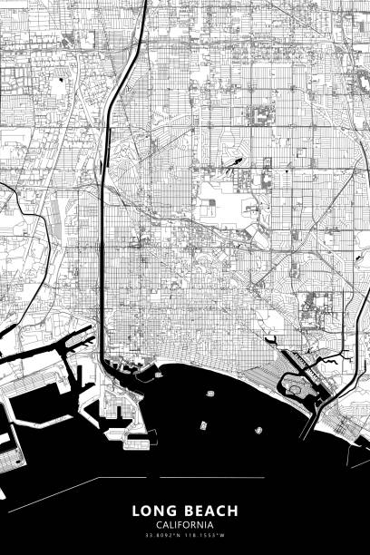 Long Beach, California USA Vector Map Poster Style Topographic / Road map of Long Beach, California CA. USA United States of America. Original map data is open data via © OpenStreetMap contributors. All maps are layered and easy to edit. Roads are editable stroke. black and white map of united states stock illustrations