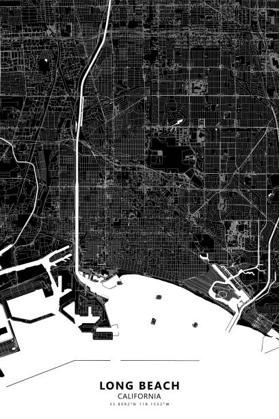 Long Beach, California USA Vector Map Poster Style Topographic / Road map of Long Beach, California CA. USA United States of America. Original map data is open data via © OpenStreetMap contributors. All maps are layered and easy to edit. Roads are editable stroke. downtown long beach stock illustrations