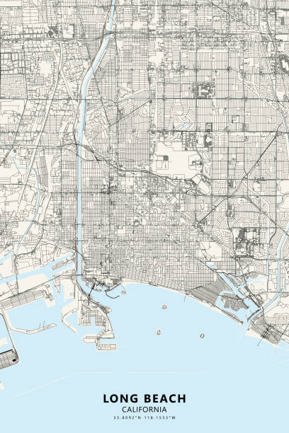 Long Beach, California USA Vector Map Poster Style Topographic / Road map of Long Beach, California CA. USA United States of America. Original map data is open data via © OpenStreetMap contributors. All maps are layered and easy to edit. Roads are editable stroke. downtown long beach stock illustrations