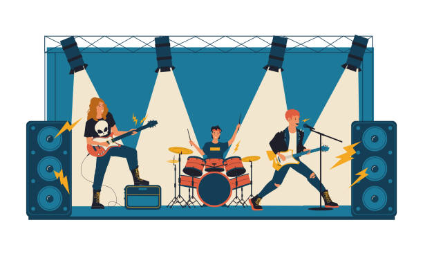 ilustrações de stock, clip art, desenhos animados e ícones de rock concert. metal band playing music on stage illuminated by spotlights. youth musical festival. popular people singing with microphone and sound equipment. vector group of musicians - microphone stage music popular music concert