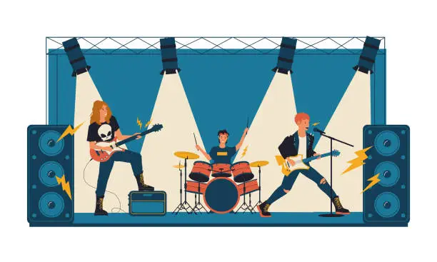 Vector illustration of Rock concert. Metal band playing music on stage illuminated by spotlights. Youth musical festival. Popular people singing with microphone and sound equipment. Vector group of musicians