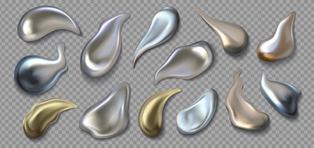 istock Liquid metal. Realistic 3D chrome smear. Silver or golden melted texture. Mercury drops on transparent background. Fluid pearl droplets set, metallic paint. Vector glossy grey blob 1306769790