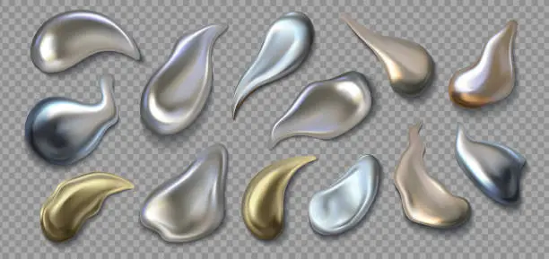 Vector illustration of Liquid metal. Realistic 3D chrome smear. Silver or golden melted texture. Mercury drops on transparent background. Fluid pearl droplets set, metallic paint. Vector glossy grey blob