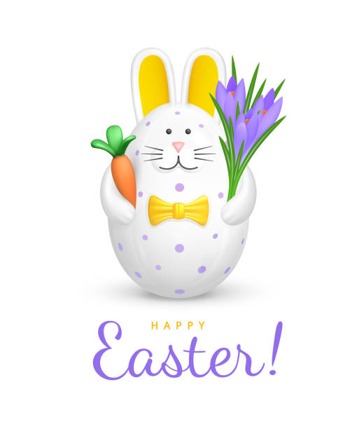 illustrazioni stock, clip art, cartoni animati e icone di tendenza di biglietto d'auguri di buona pasqua. carino uovo di pasqua a forma di coniglietto. statuina di coniglio bianco con granello viola con papillon giallo, che tiene carota e bouquet di crochi viola blu - figurine easter egg easter holiday