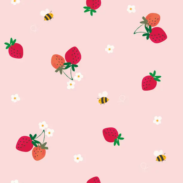 Vector illustration of Vector honey bee and strawberry seamless pattern
