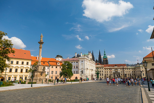 Prague, Czech Republic - August 26, 2019: Wide angle shot of Hradcany Square in Prague, Czech Republic
