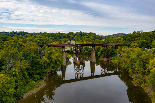 Aerial view of the CSX - Catskill Creek Bridge in Catskill, New York.