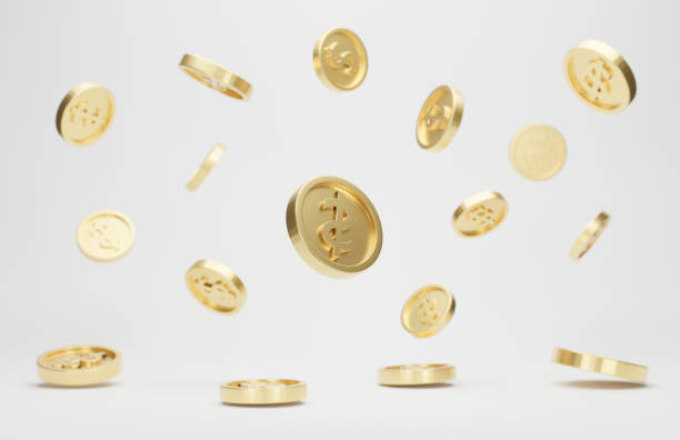 istock Gold coins with dollar sign falling or flying isolated on white background. 1306787272