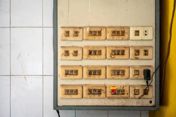 istock Dirty electric switch and plug on metal cabinet hanging on white wall 1306788349