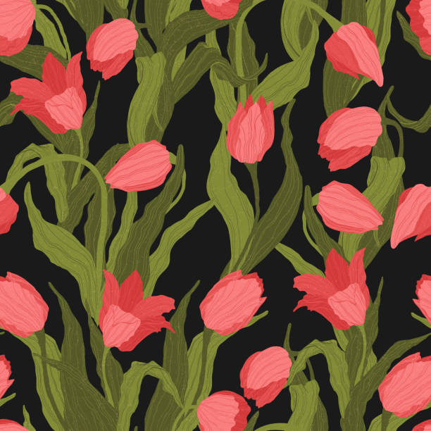 istock Seamless pattern of red tulip flowers on black background. Vector illustration. Best for wrapping, textile or print design. Symbol of springtime. 1306788396