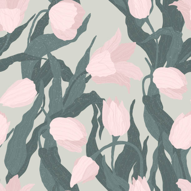 istock Seamless pattern of pink tulip flowers on light green background. Vector illustration. Best for wrapping, textile or print design. Symbol of springtime. 1306788410
